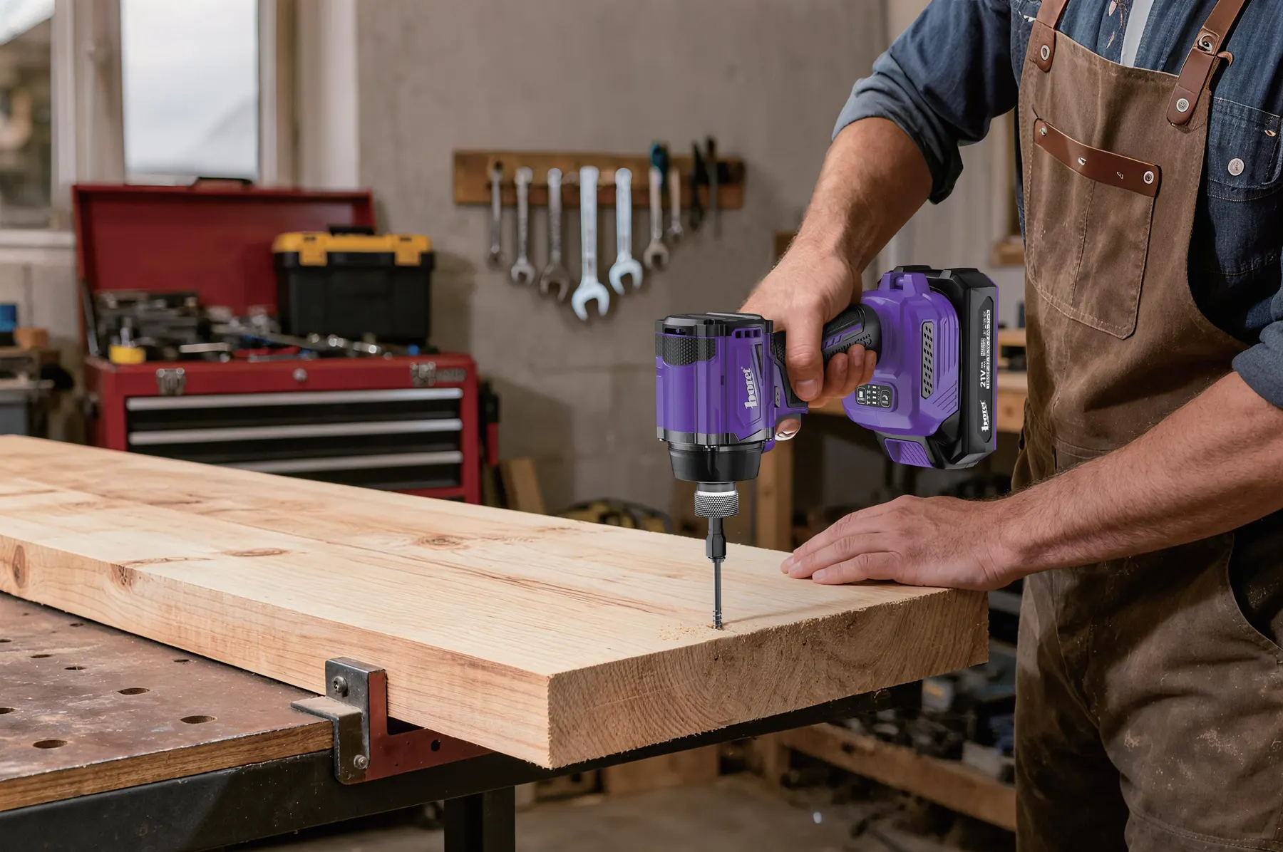 Atornillador de impacto morado introduciendo un tornillo en un tablón de madera
